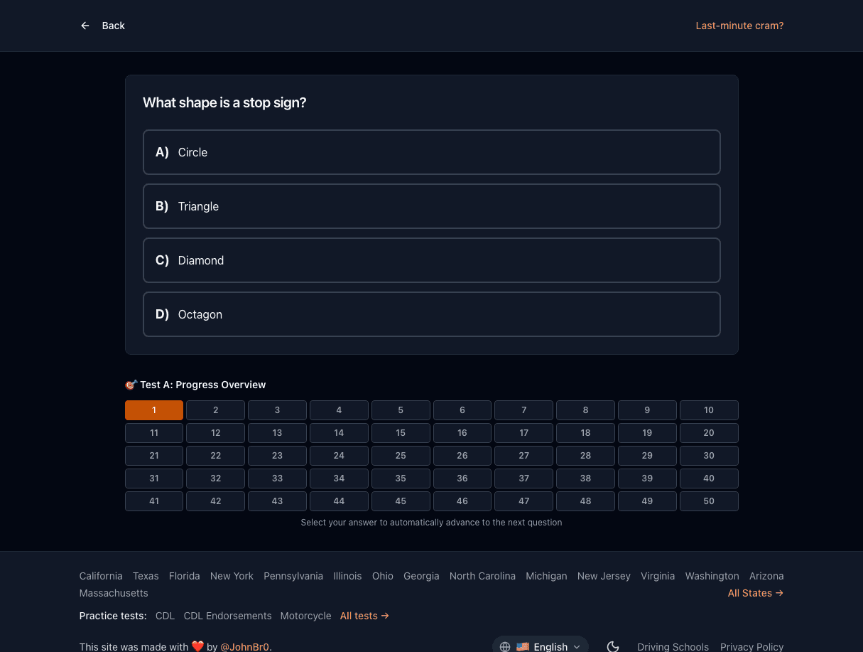 Tigertest desktop DMV practice test interface