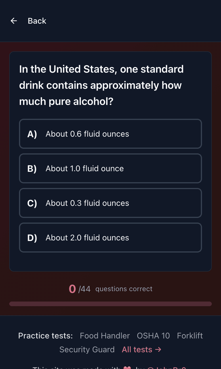 Tigertest Alcohol Server practice test training mode on mobile
