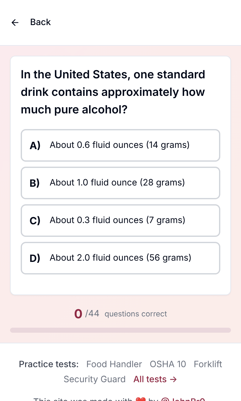 Tigertest Alcohol Server practice test training mode on mobile