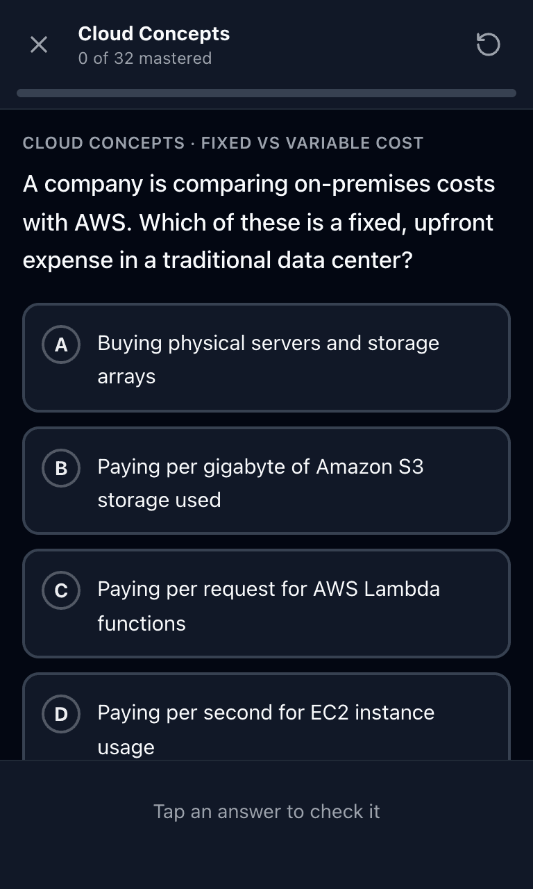 Tigertest AWS CCP practice test training mode on mobile