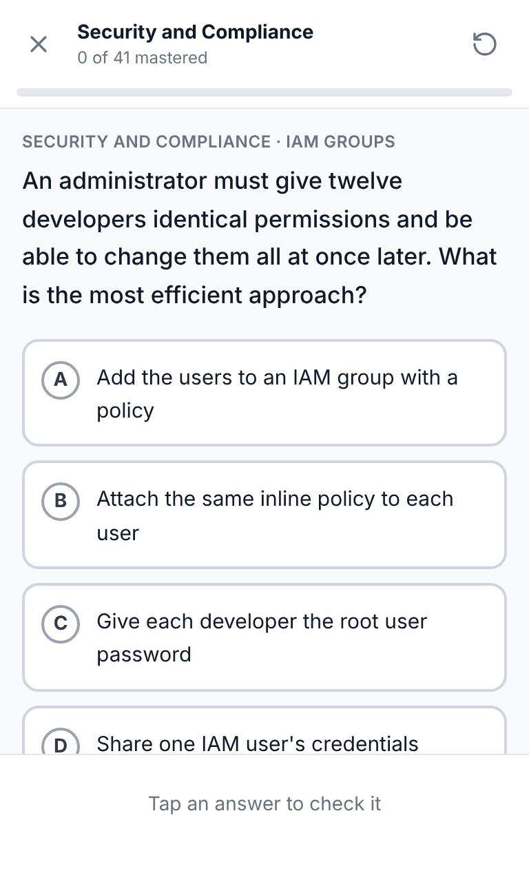 Tigertest AWS CCP practice test training mode on mobile