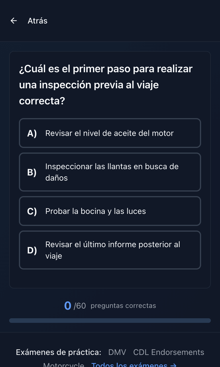 Práctica por tema del examen CDL de Tigertest en el celular