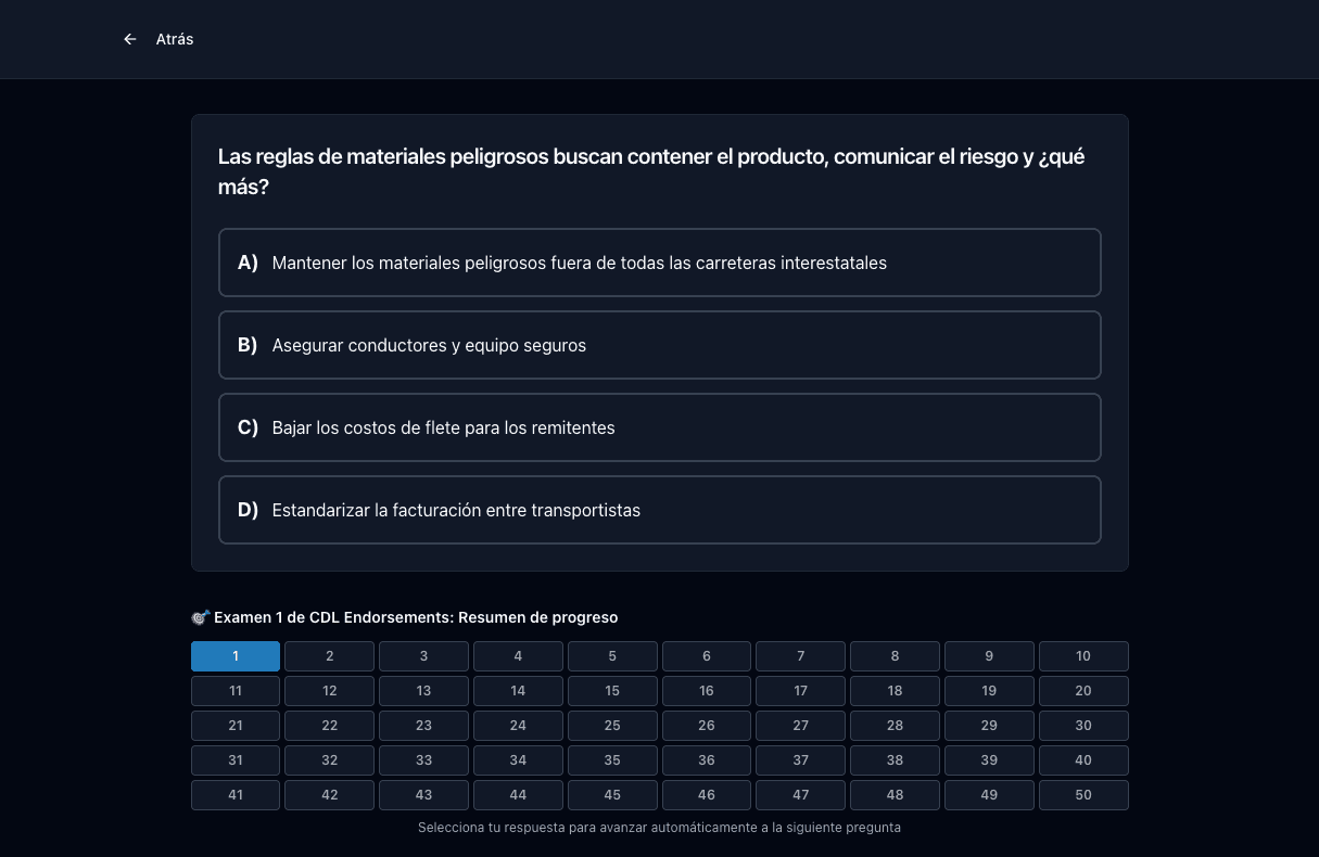 Examen de práctica CDL Endorsements de Tigertest en la computadora