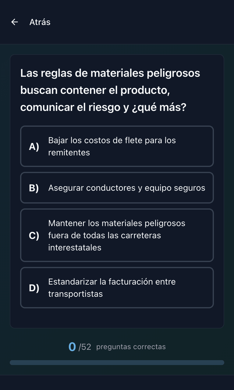 Práctica por tema del examen CDL Endorsements de Tigertest en el celular