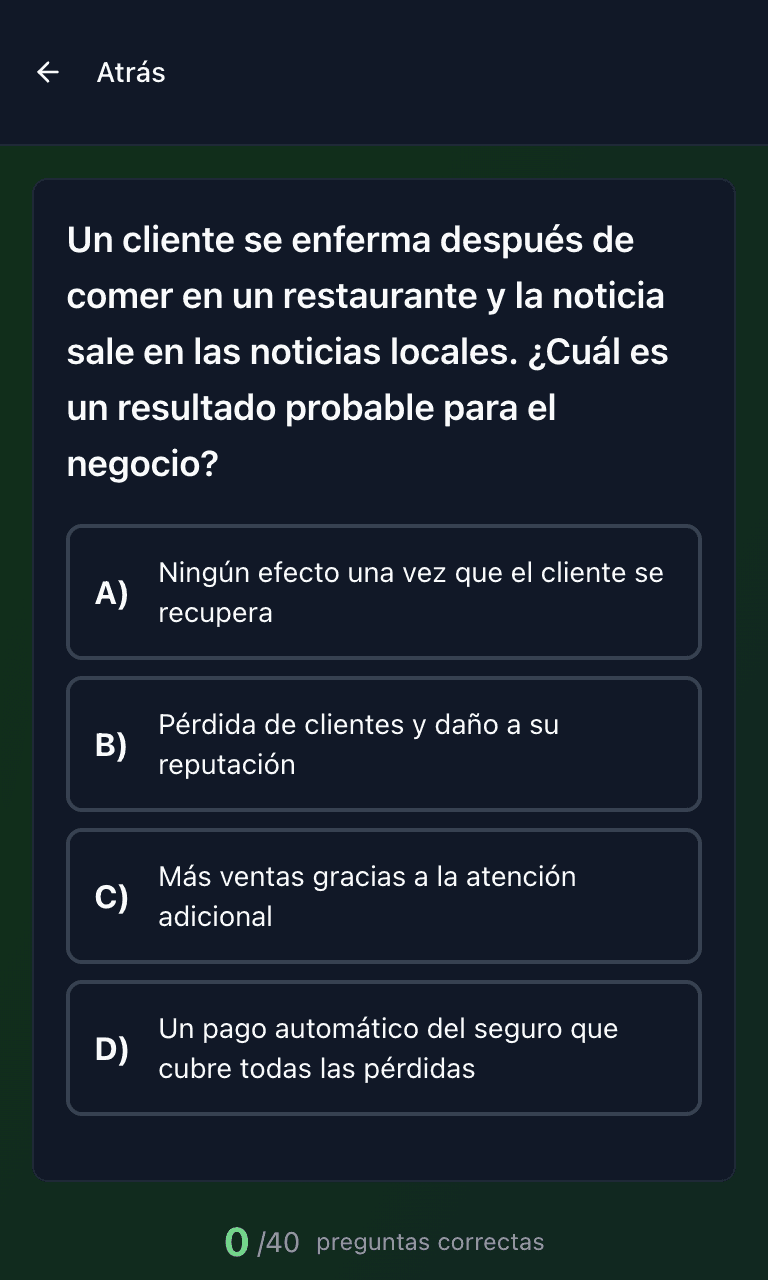 Práctica por tema del examen Food Handler de Tigertest en el celular