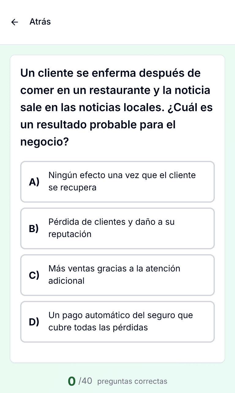 Práctica por tema del examen Food Handler de Tigertest en el celular