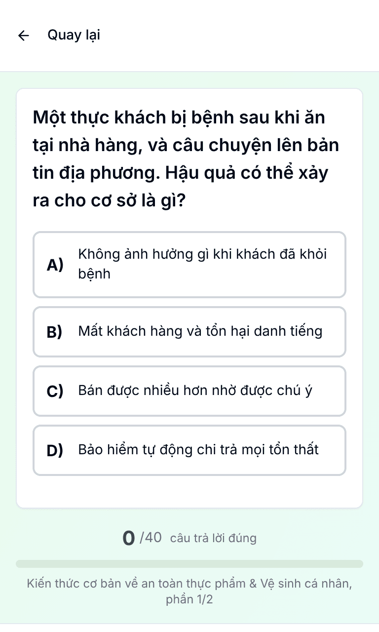 Chế độ luyện tập bài thi thử Food Handler của Tigertest trên điện thoại