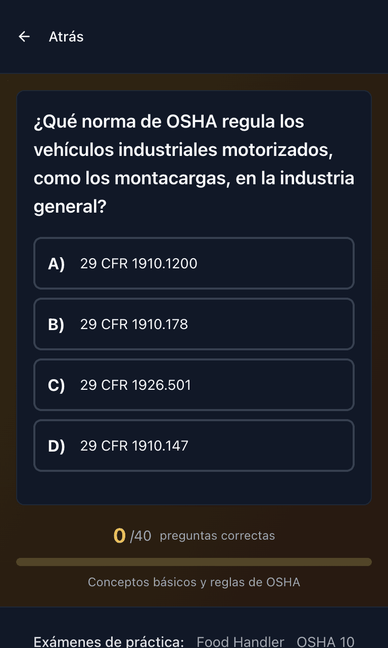 Práctica por tema del examen Forklift de Tigertest en el celular