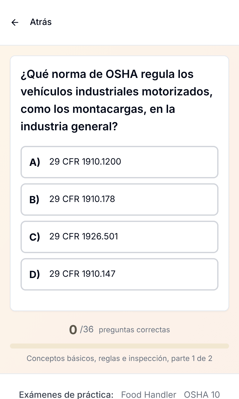 Práctica por tema del examen Forklift de Tigertest en el celular