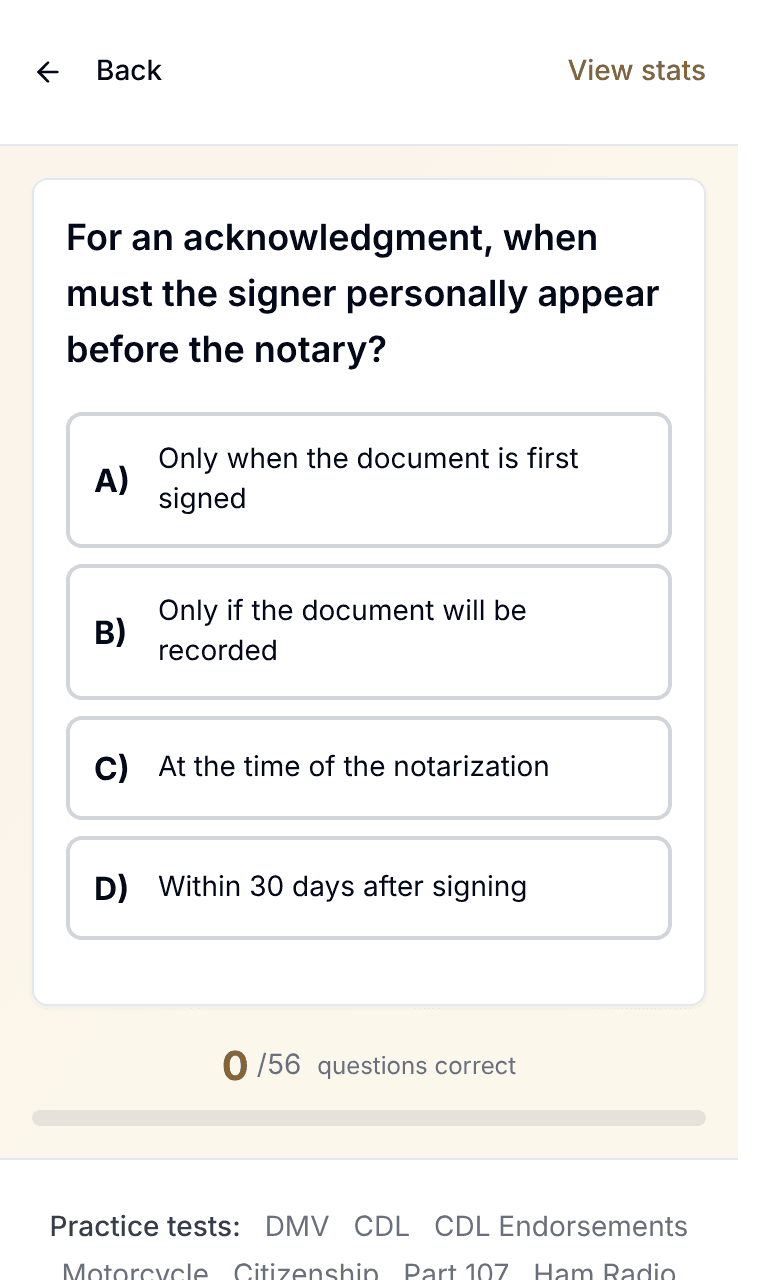 Tigertest Notary practice test training mode on mobile