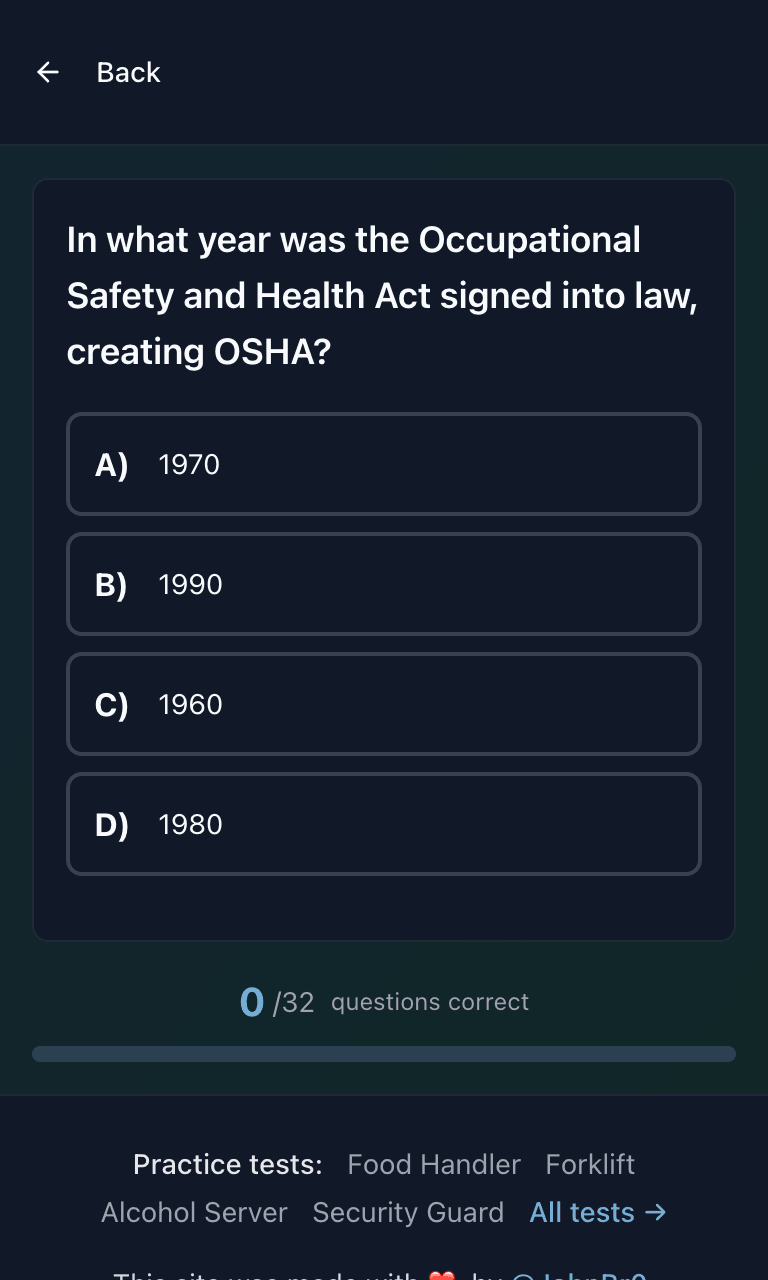 Tigertest OSHA 10 practice test training mode on mobile
