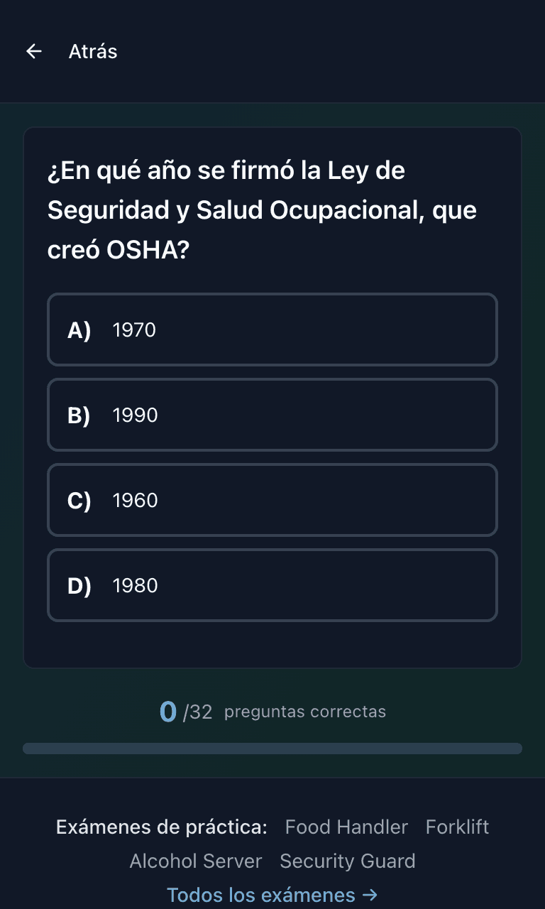 Práctica por tema del examen OSHA 10 de Tigertest en el celular