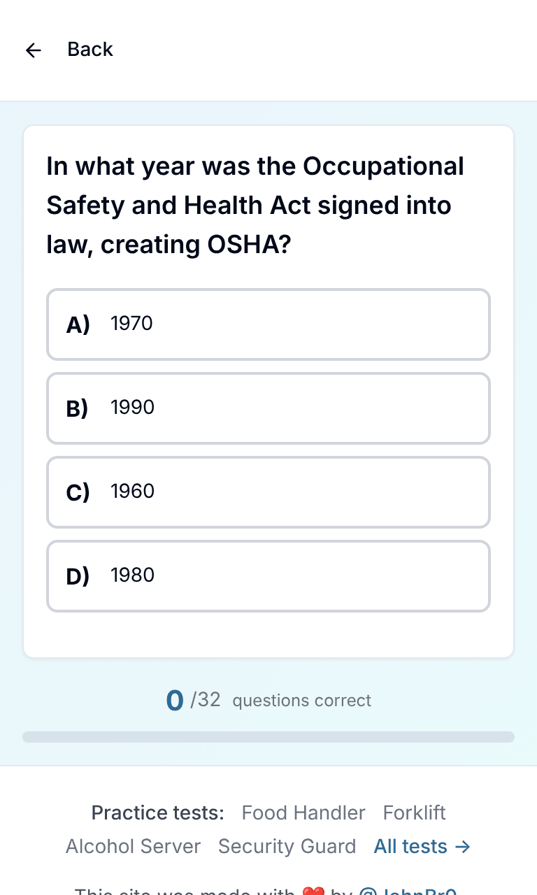 Tigertest OSHA 10 practice test training mode on mobile