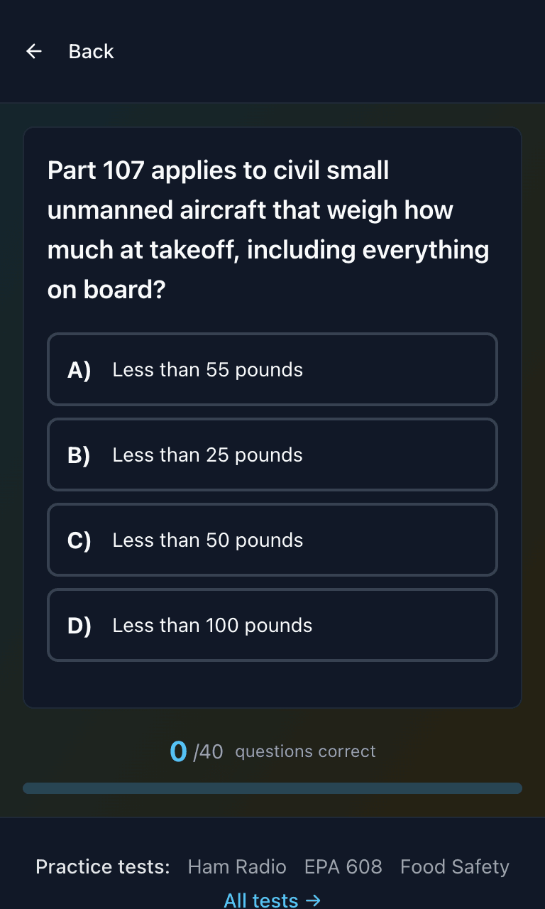Tigertest Part 107 practice test training mode on mobile