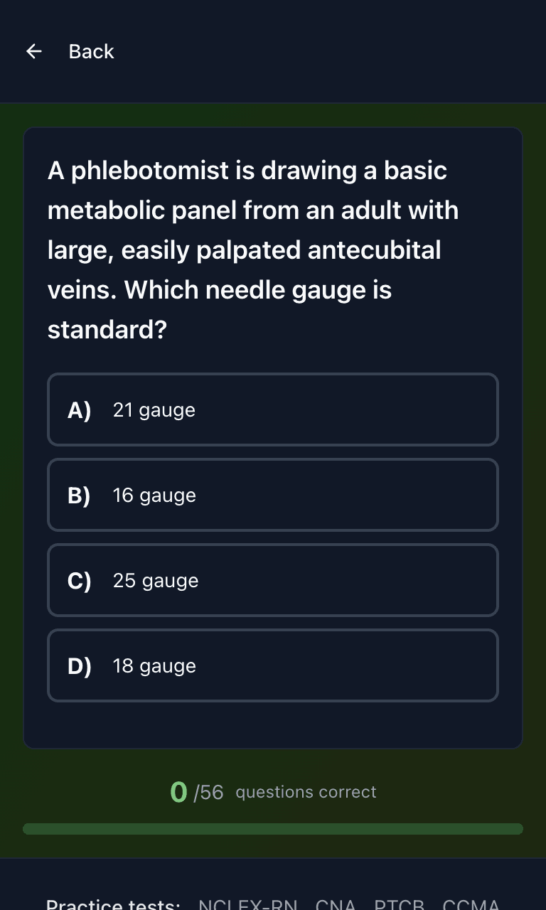 Tigertest Phlebotomy practice test training mode on mobile