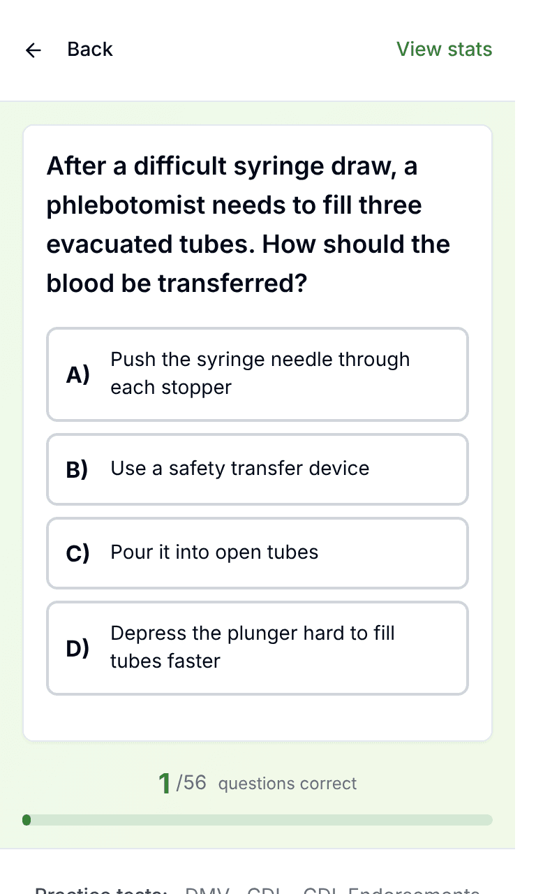 Tigertest Phlebotomy practice test training mode on mobile