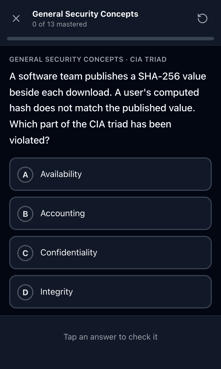 Tigertest Security+ practice test training mode on mobile