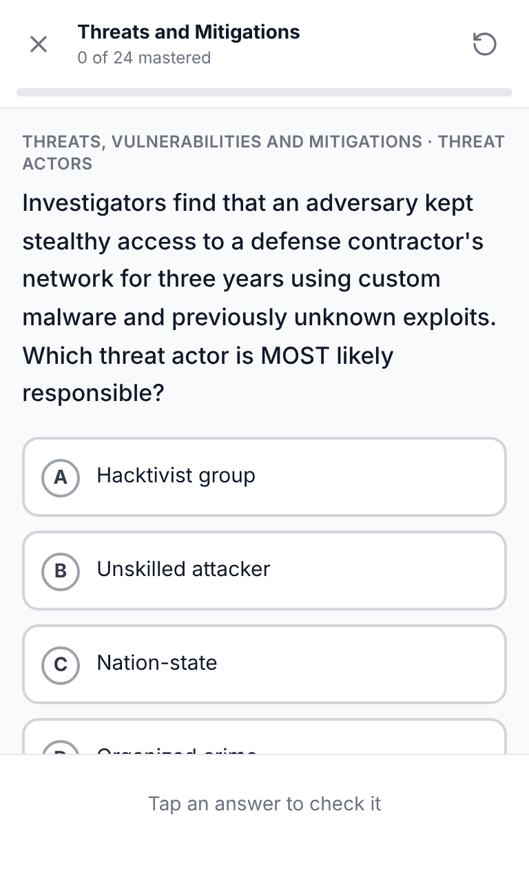 Tigertest Security+ practice test training mode on mobile