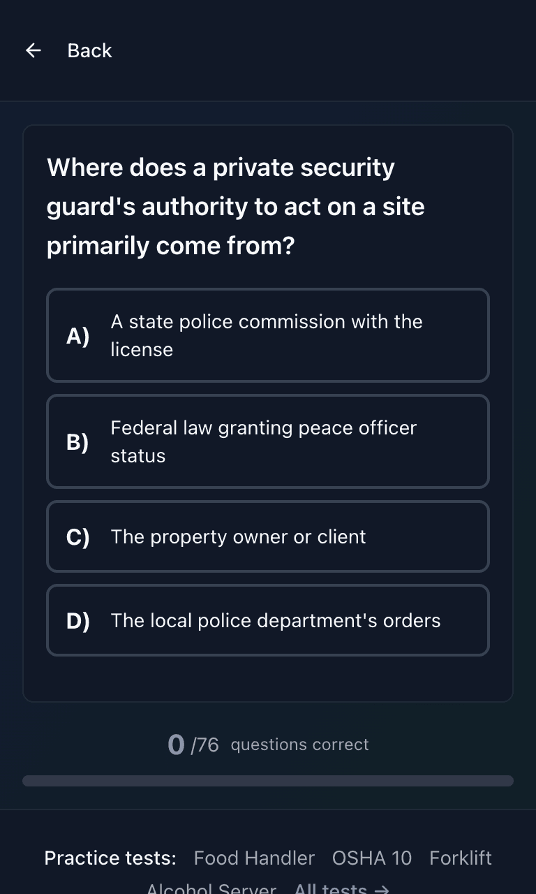 Tigertest Security Guard practice test training mode on mobile