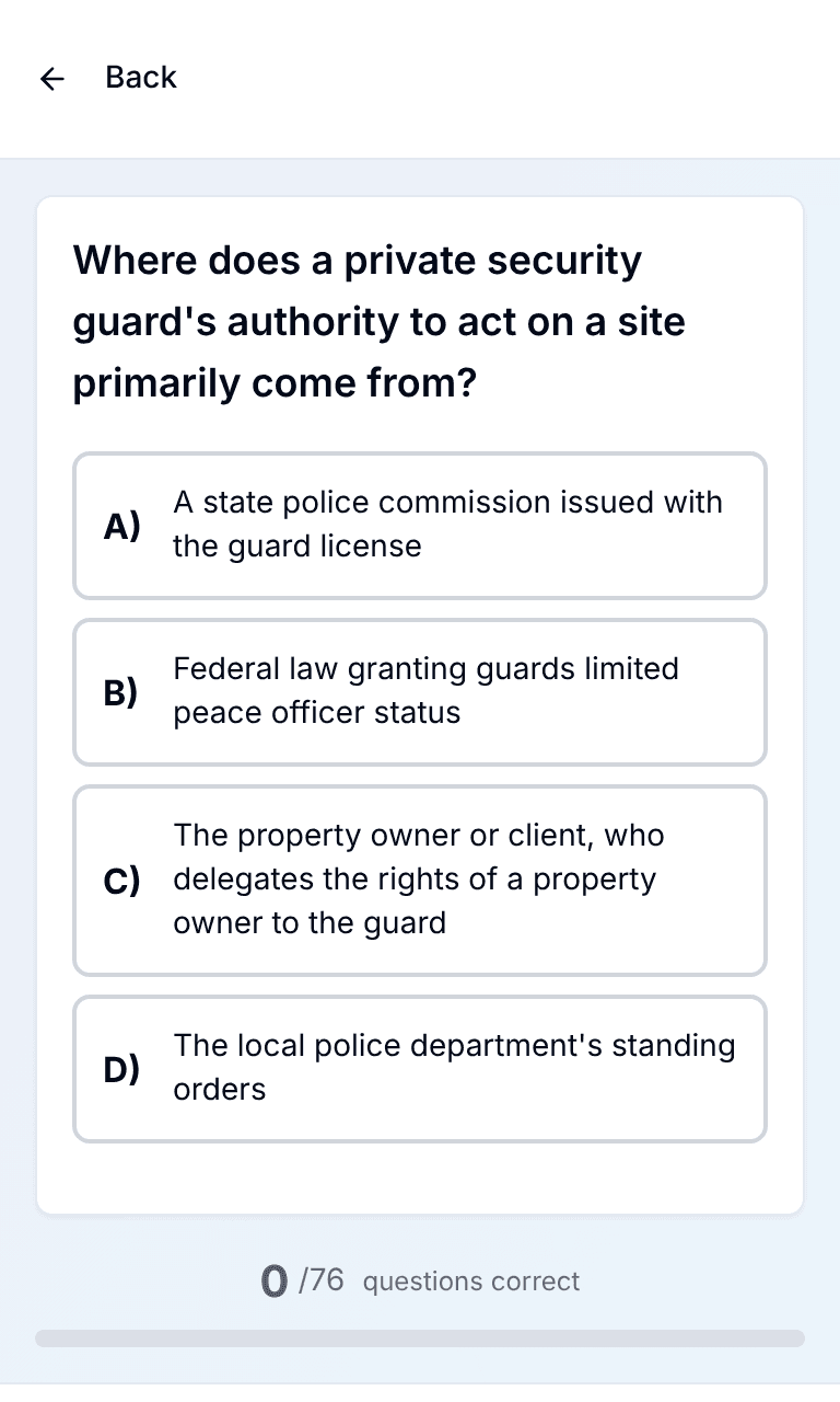 Tigertest Security Guard practice test training mode on mobile