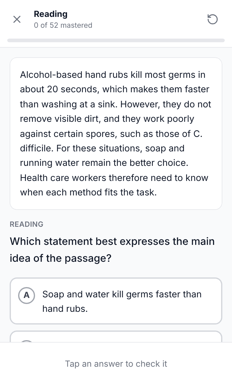 Tigertest TEAS practice test training mode on mobile