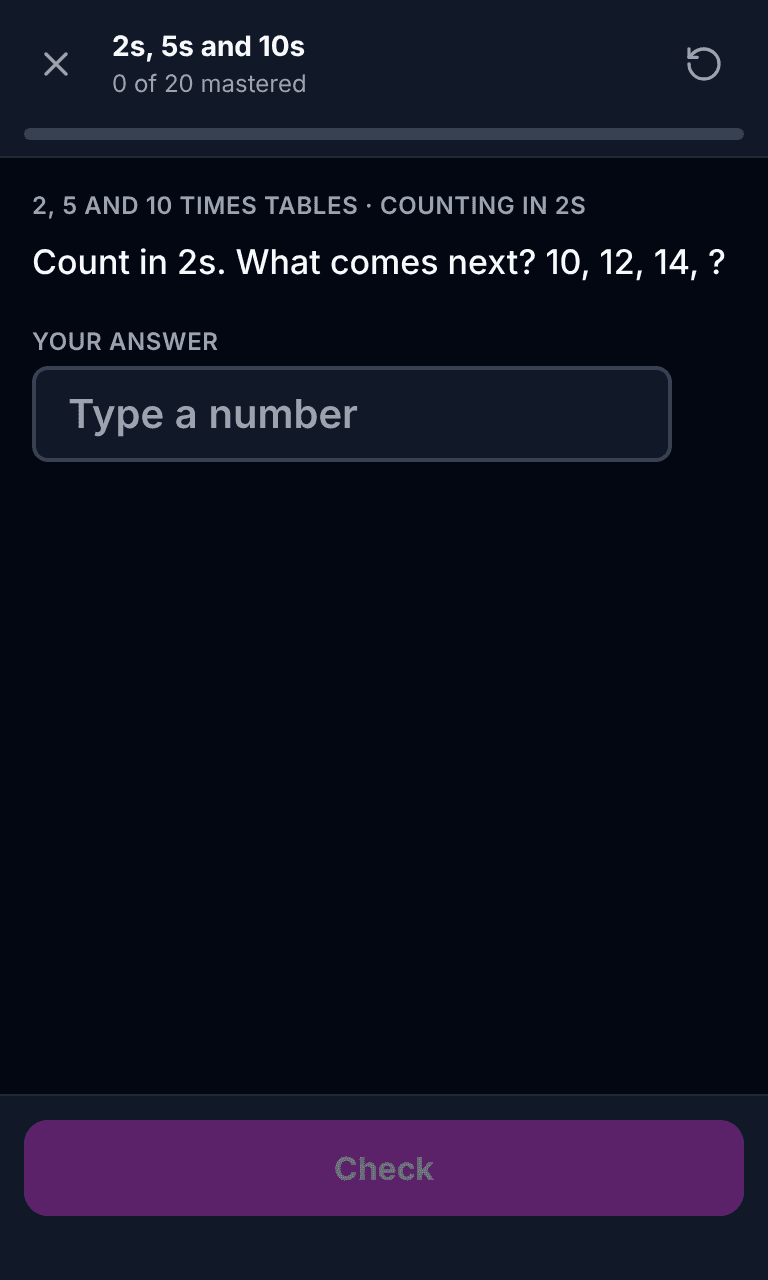 Tigertest Times Tables practice test training mode on mobile