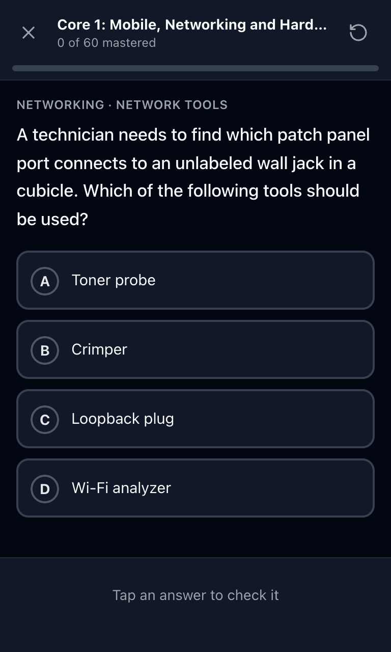 Tigertest CompTIA A+ practice test training mode on mobile