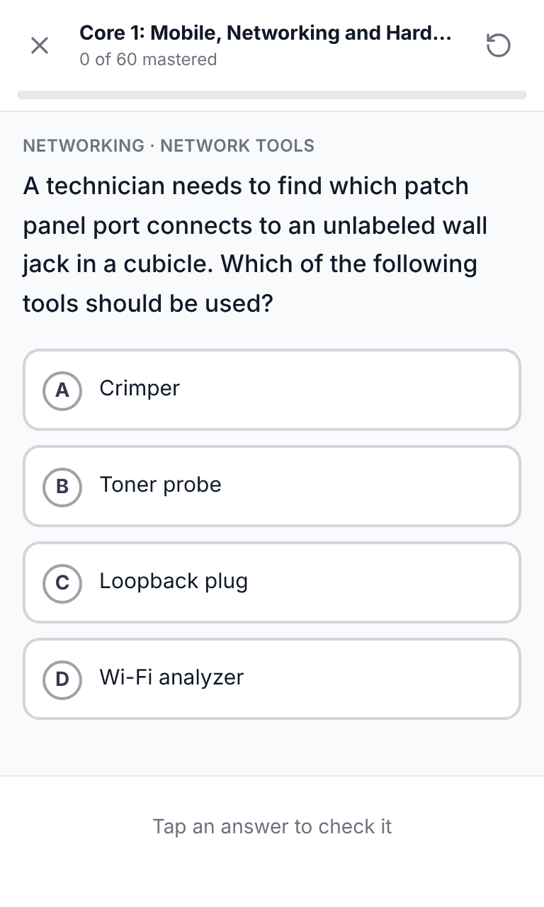 Tigertest CompTIA A+ practice test training mode on mobile