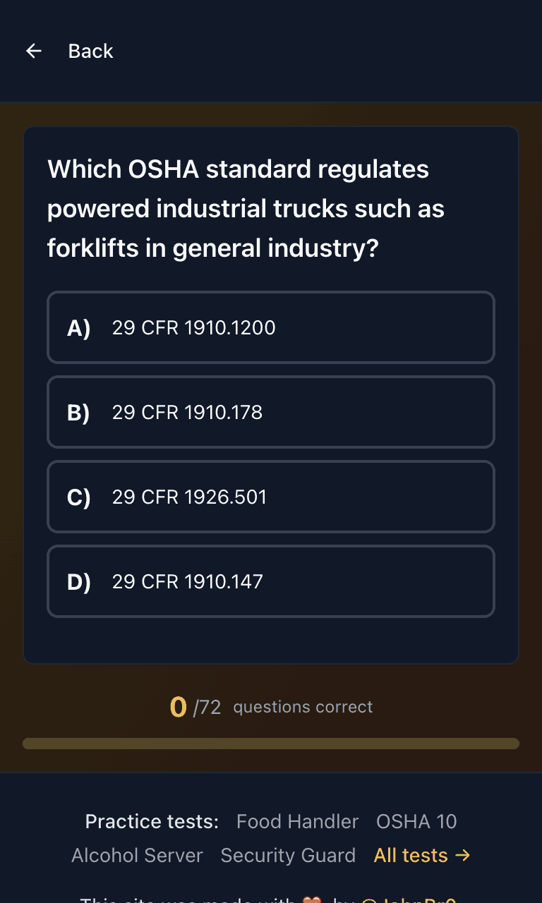 Tigertest Forklift practice test training mode on mobile