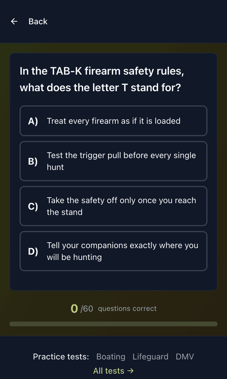 Tigertest Hunter Safety practice test training mode on mobile