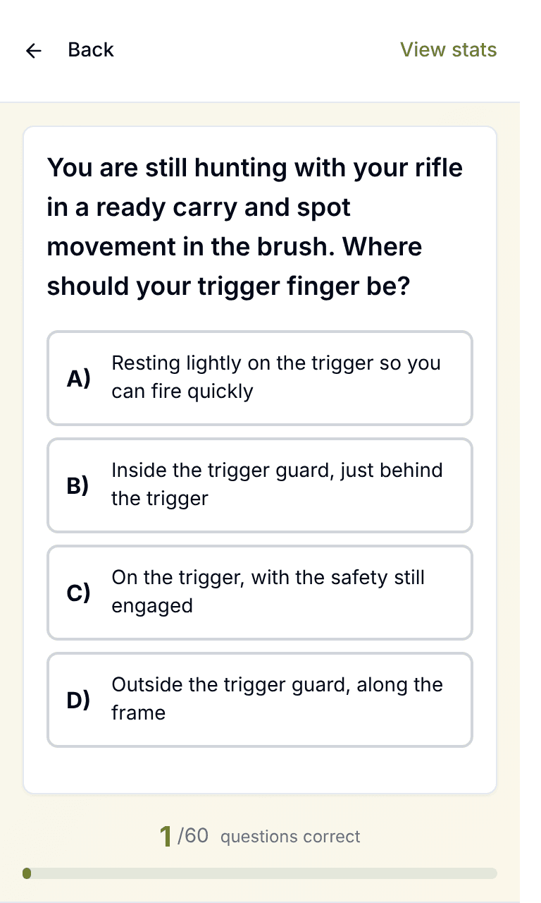 Tigertest Hunter Safety practice test training mode on mobile