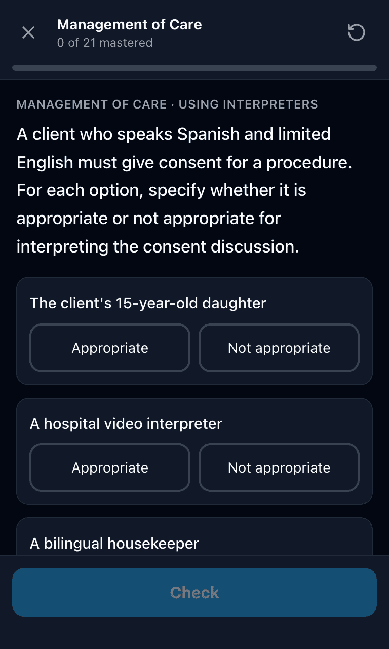 Tigertest NCLEX-RN practice test training mode on mobile
