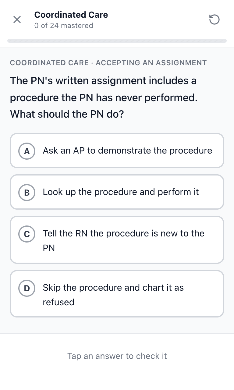 Tigertest NCLEX-PN practice test training mode on mobile